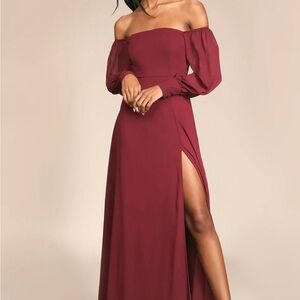 Lulu's Red Off-Shoulder Gown with Bishop Sleeves and Slit